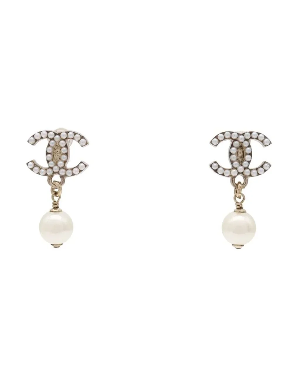 Chanel 04A CC Logo Swing Earrings Faux Pearl White Gold
